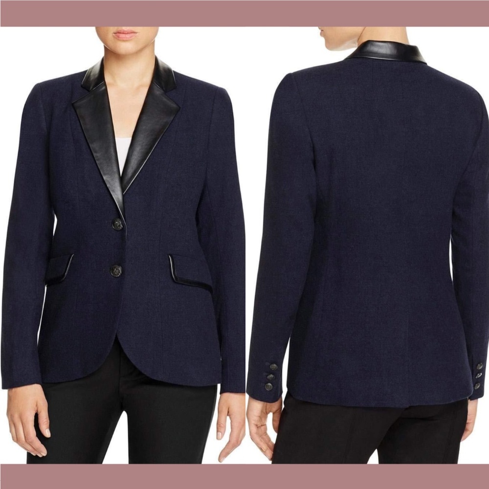 NEW $138 Foxcroft [ 16 ] Wool‎ Faux Leather Trim Two-Button Blazer in Navy